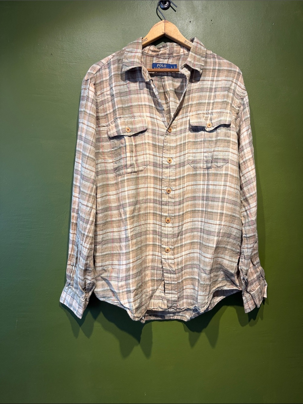 Polo by Ralph Lauren Beige and Cream Plaid Linen Button-Down Shirt
